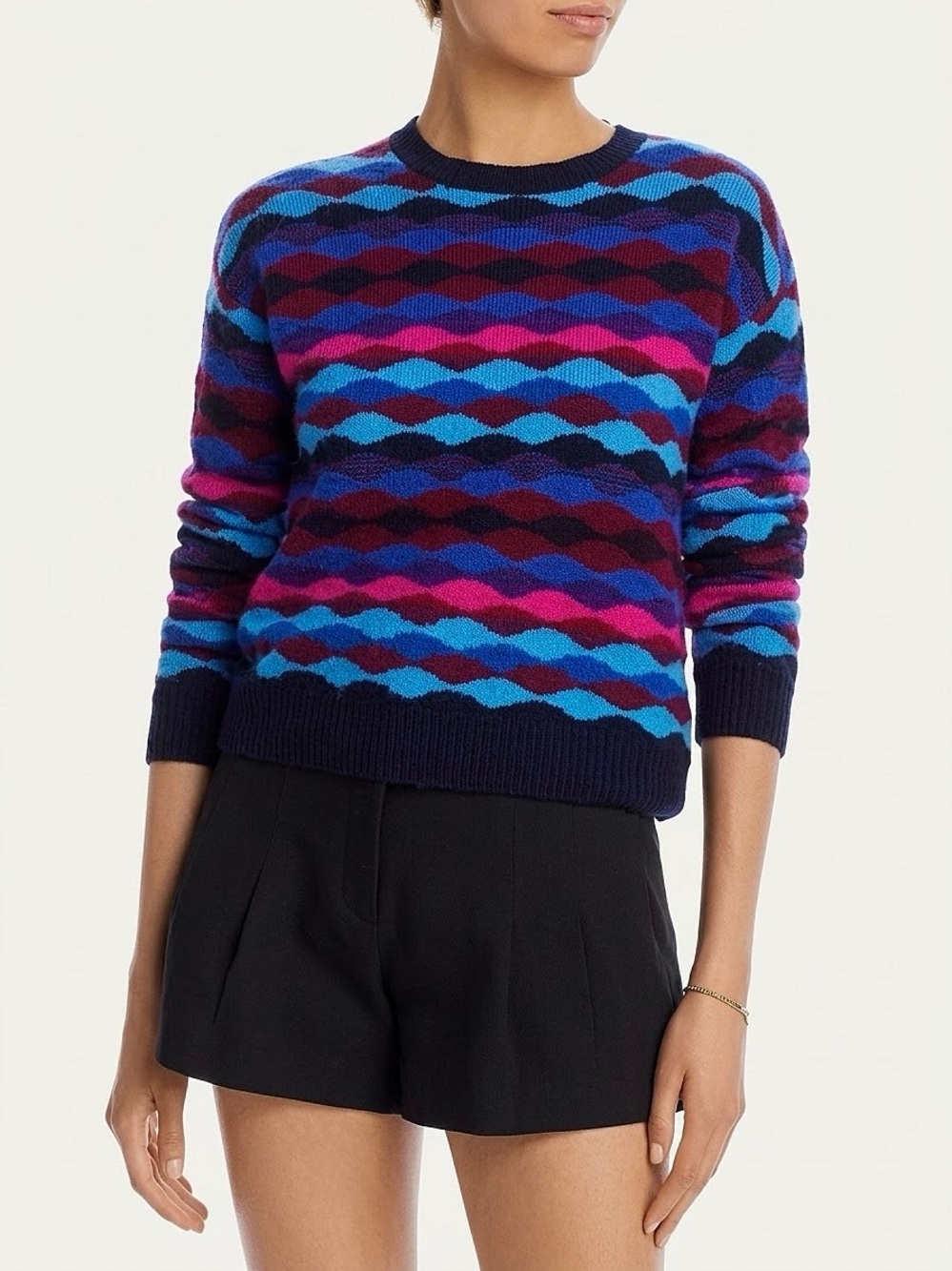 AQUA Cashmere Crew Neck Sweater Multi-Colored Scallop Knit - Size Medium